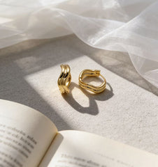 Minimalist High-Polish Hoop Earrings – 14K Gold Plated Sculptural Wave Design