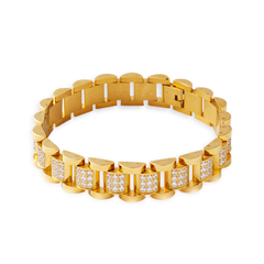 CNC-Cut Stainless Steel Bracelet with Zircon Inlay | Watch Band Style Gold Bracelet