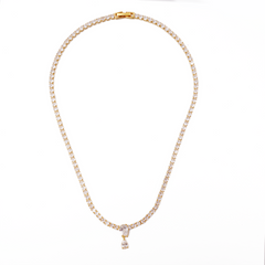 Full CZ Tennis Necklace with Teardrop Center Pendant | 14K Gold Plated Brass | Elegant Statement Jewelry OEM