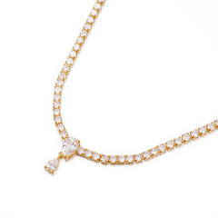 Full CZ Tennis Necklace with Teardrop Center Pendant | 14K Gold Plated Brass | Elegant Statement Jewelry OEM