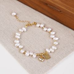 Gold-Plated Pearl Charm Bracelet with Heart & Tag Pendants