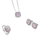 925 Sterling Silver Jewelry Set – Pink Crushed Ice Stone Halo Necklace, Earrings & Ring | Regent Jewelry OEM ODM Supplier Since 1968