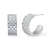 Rhodium Plated C-Shaped Hoop Earrings with Baguette CZ | Luxury Sparkling Statement Hoops | OEM Custom Fashion Jewelry Manufacturer