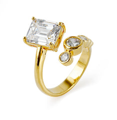 Asymmetric Open Ring with Square & Round CZ Stones | 14K Gold Plated Brass| OEM/ODM Jewelry