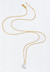 23ct Gold Plated Long Necklace with Natural Coin Pearl Pendant – 925 Sterling Silver