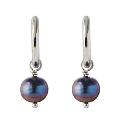 Rhodium-Plated 925 Silver Hoop Earrings with Dark Peacock Freshwater Pearls