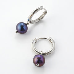 Rhodium-Plated 925 Silver Hoop Earrings with Dark Peacock Freshwater Pearls