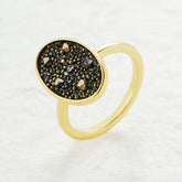 Oval Black Crystal Fabric Ring in 14K Gold Plating