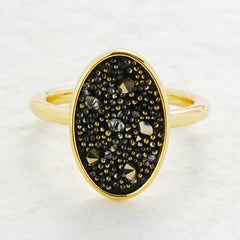 Oval Black Crystal Fabric Ring in 14K Gold Plating
