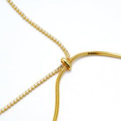 Two-Tone Fixed Lariat Necklace | 14K Gold Plated Brass with CZ Chain & Smooth Chain | Minimalist Statement Jewelry OEM