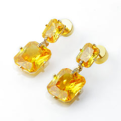 Golden Yellow CZ Stud Earrings | Rectangular 3A Cubic Zirconia | 14K Gold Plated Brass | Elegant Minimalist Jewelry for Women