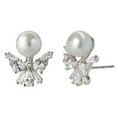 Angel-Inspired Pearl & CZ Stud Earrings — Rhodium-Plated Brass with Hypoallergenic Steel Post