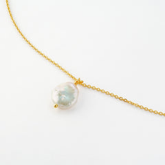 23ct Gold Plated Long Necklace with Natural Coin Pearl Pendant – 925 Sterling Silver