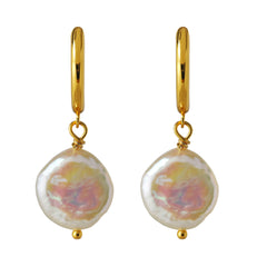 23ct Gold Plated Coin Pearl Drop Earrings – 10mm Pearl on 925 Silver