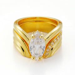 Statement Marquise-Cut Zircon Ring Set (2 PCS) | 14K Gold Plated Brass | Sculpted Bands with Pave Accents