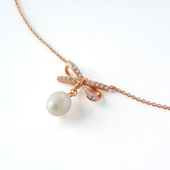 Rose-Gold Plated 925 Silver Bow Pendant Necklace with Freshwater Pearl