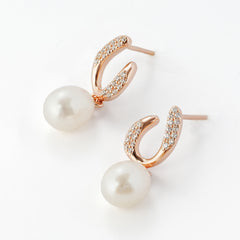 Rose-Gold Plated 925 Silver U-Shaped CZ Earrings with Freshwater Pearl Drops