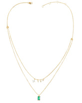 Layered Gold Necklace with Emerald Green CZ Pendant | 14K Gold Plated Brass | Double Chain Design for Women | Wholesale Fashion Jewelry