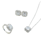 Luxury Crushed Ice Stone 925 Silver Jewelry Set | Square Halo CZ Bridal Necklace, Earrings & Ring | OEM Fine Jewelry Supplier