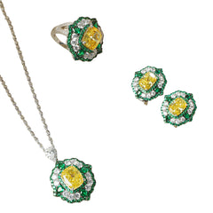 Luxury Yellow & Green Crushed Ice Stone Jewelry Set | 925 Silver Halo Necklace, Earrings & Ring | Wholesale OEM Jewelry Manufacturer