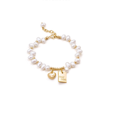 Gold-Plated Pearl Charm Bracelet with Heart & Tag Pendants