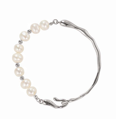 Rhodium-Plated Pearl & Sculpted Open Bangle Bracelet