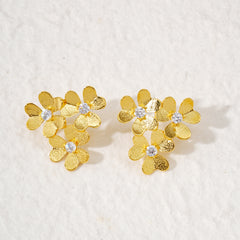 Triple Flower Stud Earrings – 14K Gold Plated Floral Design with Sparkling CZ Centers