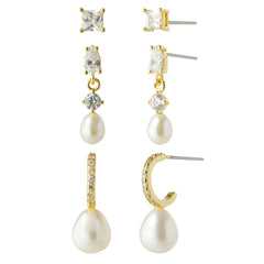 14K Gold Plated Freshwater Pearl Earrings Set – Zircon Dangle & Stud Set, Elegant Mixed Design Earrings