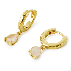 Green & Champagne Semi-precious Stone Drop Hoop Earrings 14K Gold Plated | Elegant Teardrop Huggie Earrings for Women