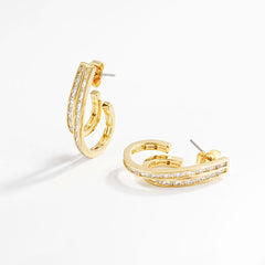 Double Row Zircon Hoop Earrings | Square Stone C Hoop Earrings Wholesale OEM
