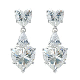 Heart CZ Dangle Earrings Wholesale | Rhodium Plated Brass Studs | Double Heart Drop Fashion Jewelry Supplier | OEM/ODM Manufacturer