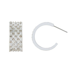 Rhodium Plated C-Shaped Hoop Earrings with Baguette CZ | Luxury Sparkling Statement Hoops | OEM Custom Fashion Jewelry Manufacturer