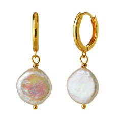 23ct Gold Plated Coin Pearl Drop Earrings – 10mm Pearl on 925 Silver