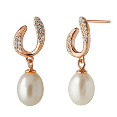 Rose-Gold Plated 925 Silver U-Shaped CZ Earrings with Freshwater Pearl Drops
