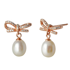 Rose-Gold Plated 925 Silver Bow CZ Earrings with Freshwater Pearl Drops