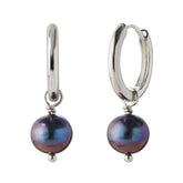 Rhodium-Plated 925 Silver Hoop Earrings with Dark Peacock Freshwater Pearls