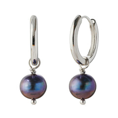 Rhodium-Plated 925 Silver Hoop Earrings with Dark Peacock Freshwater Pearls