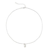 Rhodium-Plated 925 Sterling Silver Rice-Bead Necklace with Oval Freshwater Pearl Pendant