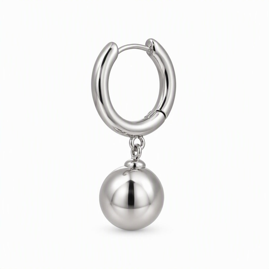 Modern Sphere Drop Huggie Hoop Earrings | Rhodium-Plated Brass with 925 Silver Posts