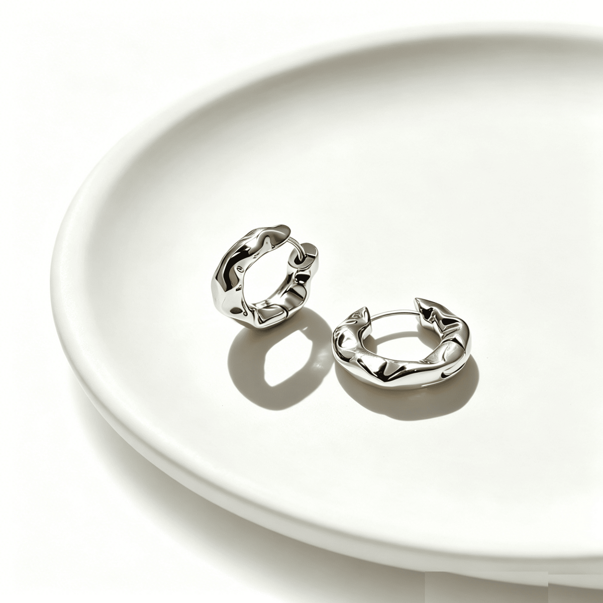 Organic Textured Hoop Earrings – Rhodium Plated Sculptural Huggie Design