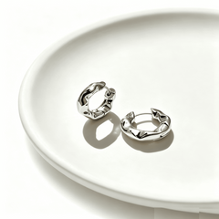Organic Textured Hoop Earrings – Rhodium Plated Sculptural Huggie Design