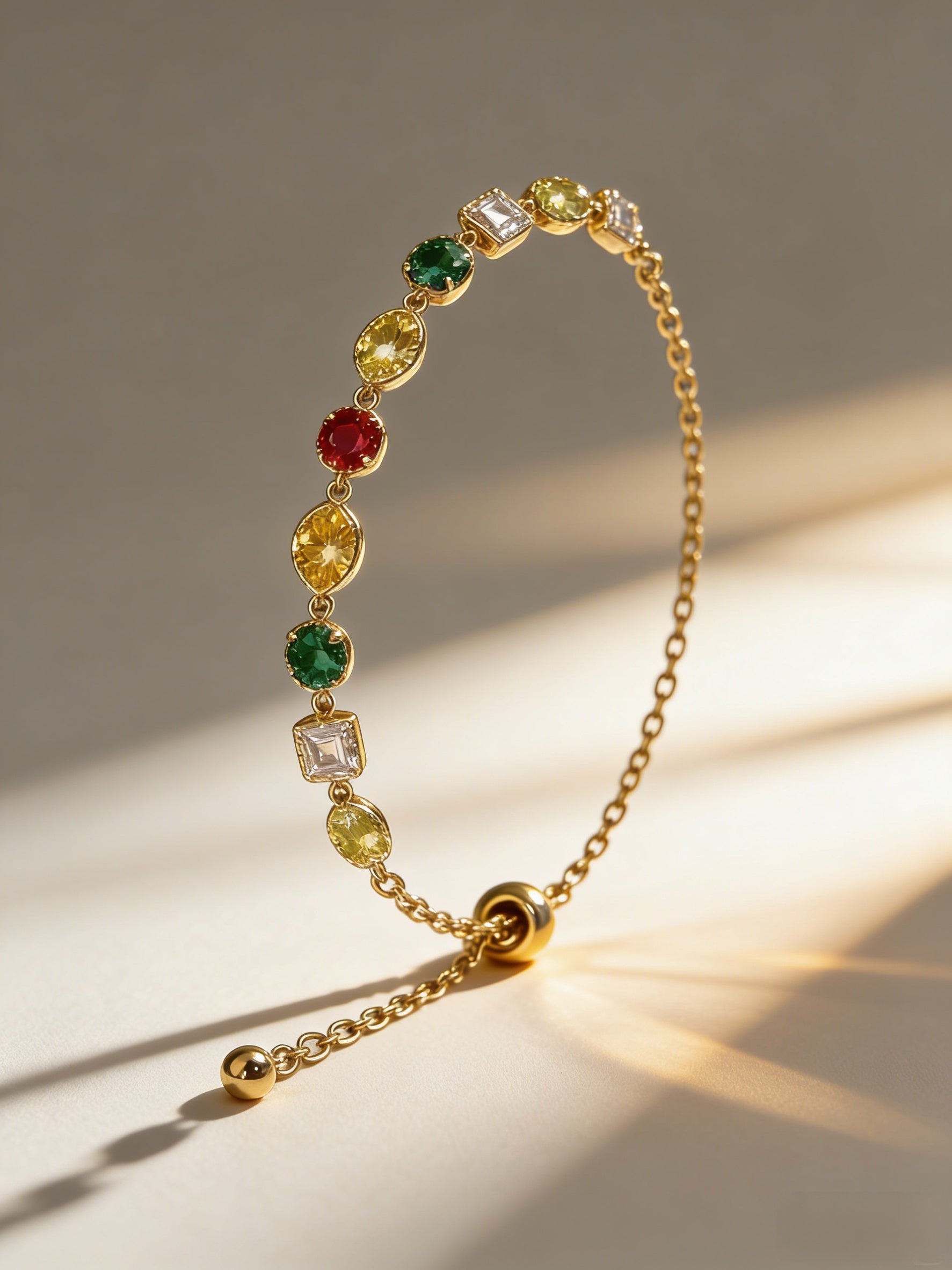 Colorful Multi-Stone CZ Bracelet – 14K Gold Plated Adjustable Slider Chain