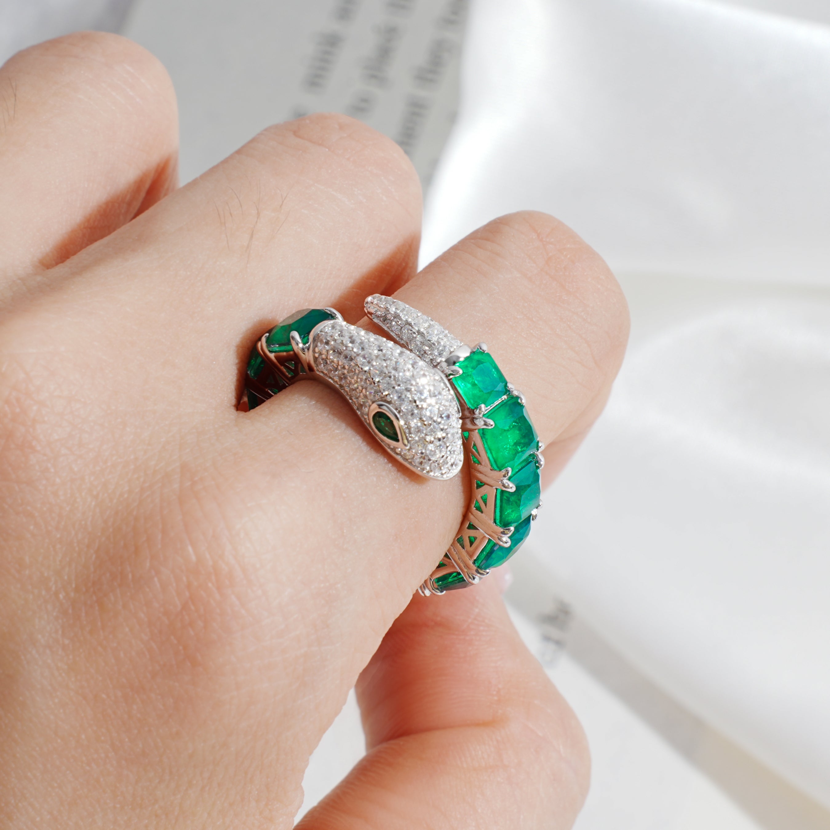 Luxury 925 Sterling Silver Snake Ring with Emerald-Green CZ | Pave Zircon Wrap Ring | OEM Custom High-End Jewelry Manufacturer