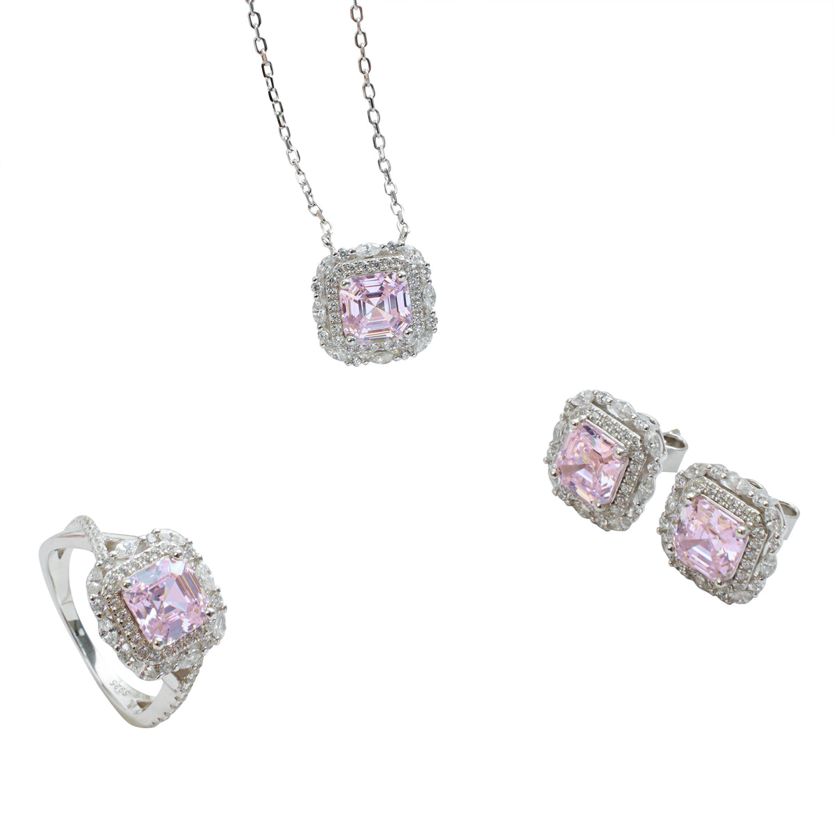 925 Sterling Silver Jewelry Set  – Pink Crushed Ice Stone Halo Necklace, Earrings & Ring | Regent Jewelry OEM ODM Supplier Since 1968