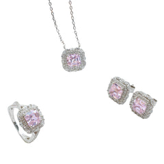 925 Sterling Silver Jewelry Set  – Pink Crushed Ice Stone Halo Necklace, Earrings & Ring | Regent Jewelry OEM ODM Supplier Since 1968