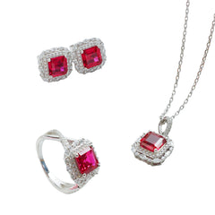 High-Quality 925 Silver Jewelry Set Supplier | Square Ruby Crushed Ice Stone Necklace Earring Ring | OEM ODM Fashion Jewelry Manufacturer