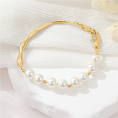 Rhodium-Plated Pearl & Sculpted Open Bangle Bracelet
