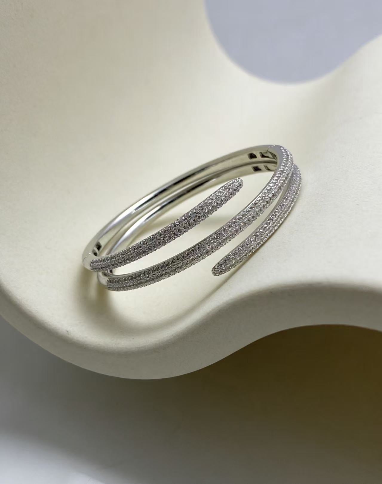 Luxury Double-Layer Pavé Cuff Bracelet – Rhodium Plated Open Wrap Bangle