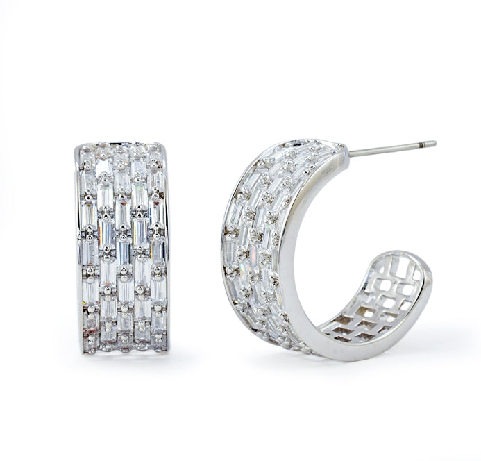Rhodium Plated C-Shaped Hoop Earrings with Baguette CZ | Luxury Sparkling Statement Hoops | OEM Custom Fashion Jewelry Manufacturer