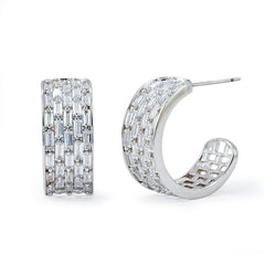 Rhodium Plated C-Shaped Hoop Earrings with Baguette CZ | Luxury Sparkling Statement Hoops | OEM Custom Fashion Jewelry Manufacturer